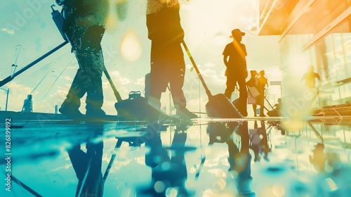 Fototapeta Naklejka Na Ścianę i Meble -  professional cleaning crew close up, focus on, copy space Vibrant hues, Double exposure silhouette with cleaning team