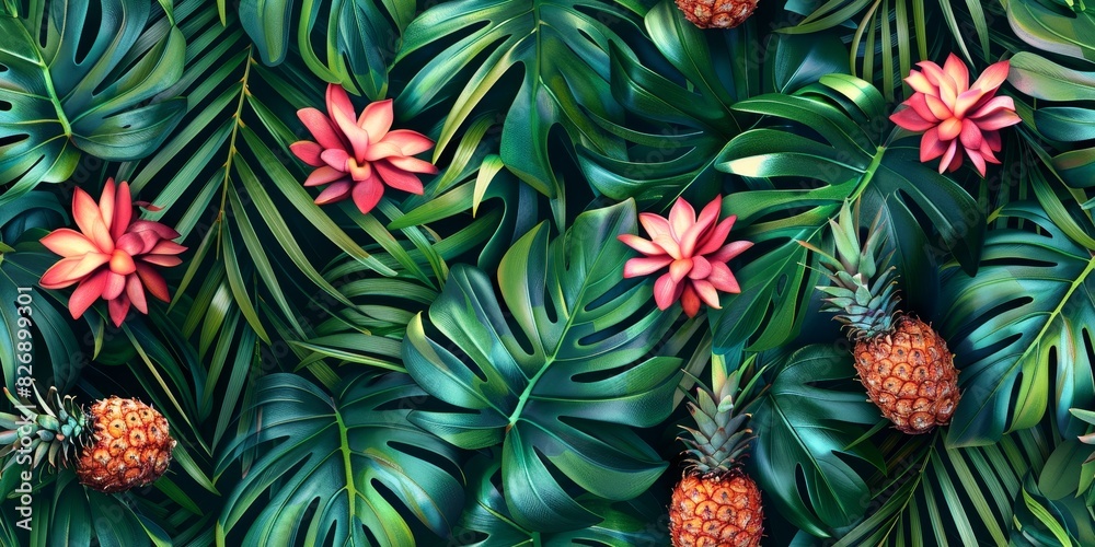 Tropical pattern with pineapples and leaves - An intricate tropical design featuring ripe pineapples amidst lush green leaves on a dense background, emphasizing nature and vibrancy Tropical pattern with pineapples and leaves - An intricate tropical design featuring ripe pineapples amidst lush green leaves on a dense background, emphasizing nature and vibrancy