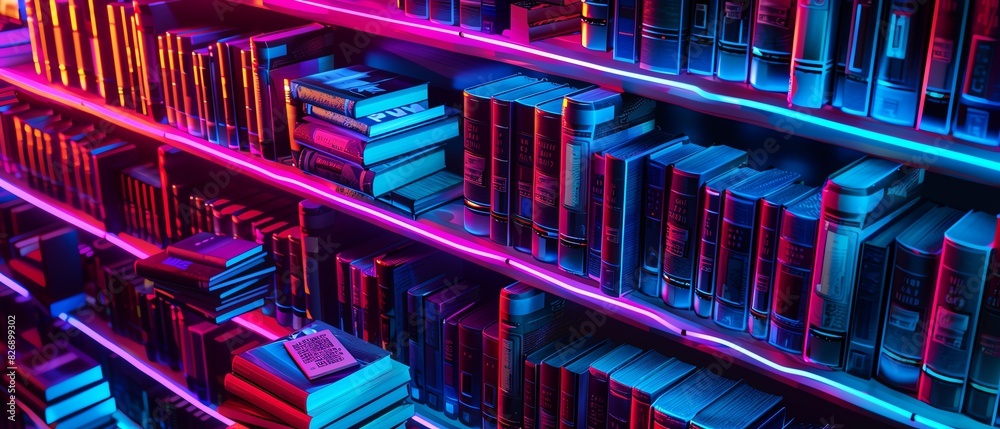 A futuristic 3D bookshelf with neonlit books arranged neatly The black light background makes the neon colors pop A futuristic 3D bookshelf with neonlit books arranged neatly The black light background makes the neon colors pop