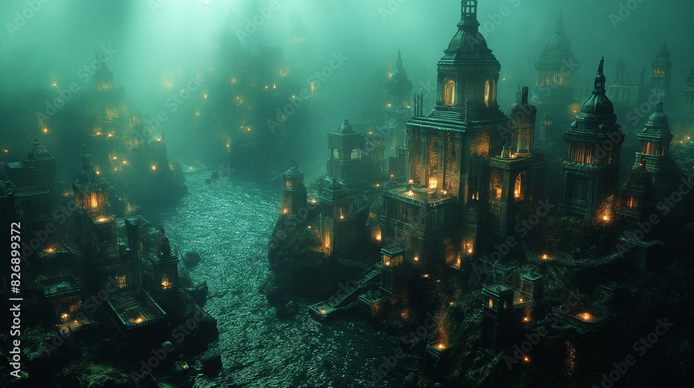 An underwater city with glowing buildings. An underwater city with glowing buildings.