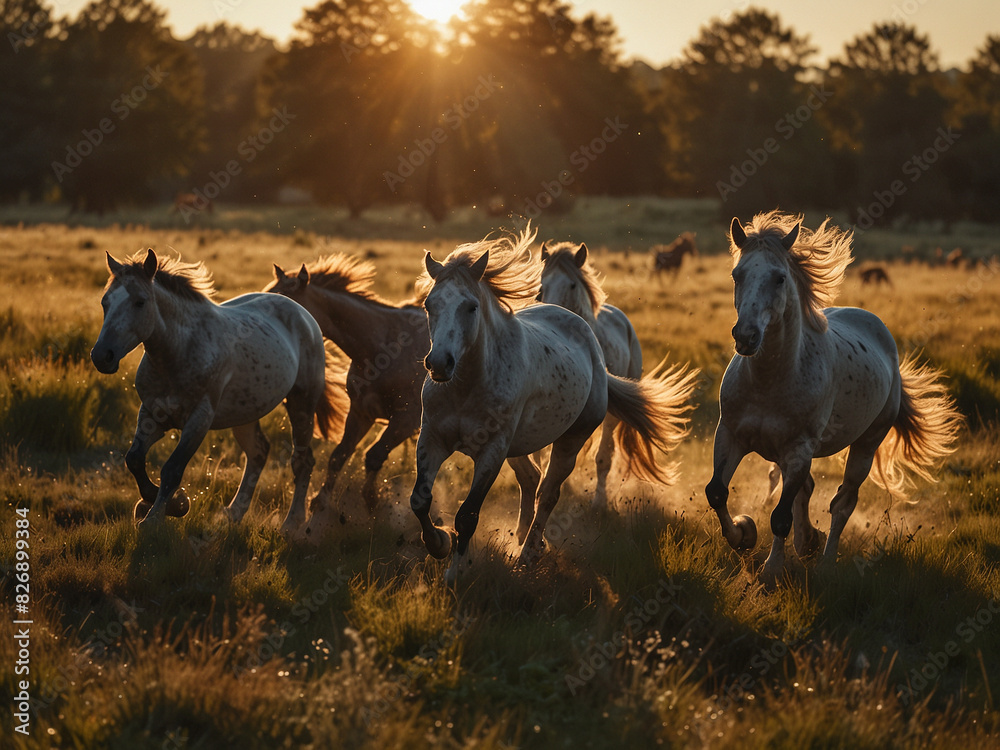 Graceful Herd of Horses Galloping Freely Across a Sun-Kissed Meadow Graceful Herd of Horses Galloping Freely Across a Sun-Kissed Meadow