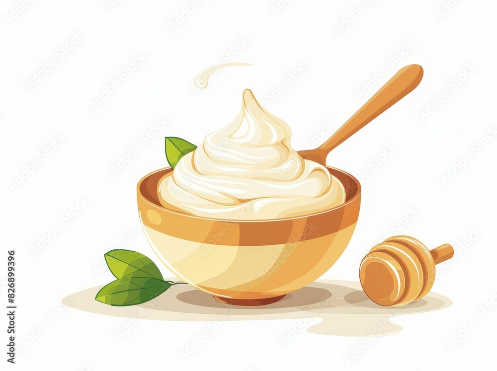 Bowl of yogurt with honey drips nearby - Illustration of a creamy yogurt in a patterned bowl with a honey dipper spilling honey, signifying freshness and organic eating
