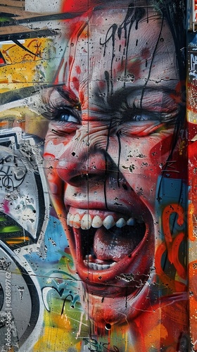 Double exposure of a humorous expression, combined with a colorful graffiti wall, depicting urban street humor © Alpha