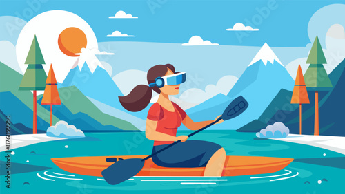 A woman using a VR headset to control and navigate a virtual kayak through a scenic river while also getting a fullbody workout.. Vector illustration
