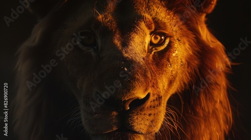 Portrait of an African male lion s face bathed in warm light against a dark background photo
