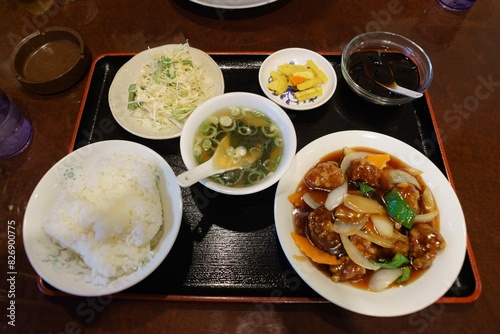 Sweet and sour fried pork launch set with rice soup and salad