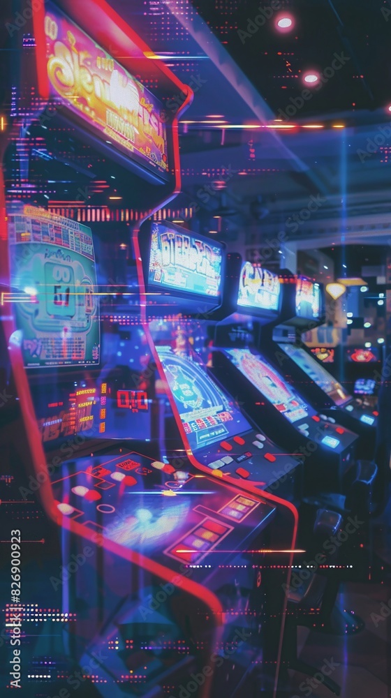 Double exposure of a playful text-based game interface overlaying a retro arcade scene, evoking nostalgic entertainment