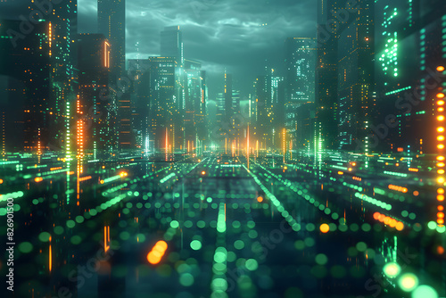 Wallpaper Mural Abstract background displaying a futuristic digital grid pattern in shades of neon green and blue, with glowing lines and geometric shapes creating a high-tech and sci-fi aesthetic. Torontodigital.ca