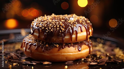 Closeup sweet donuts filled with melted chocolate and sprinkles with a blurred background