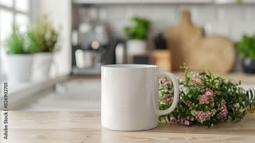 White mug on table with kitchen background - A blank white mug sits on a wooden table, presented against a modern kitchen interior