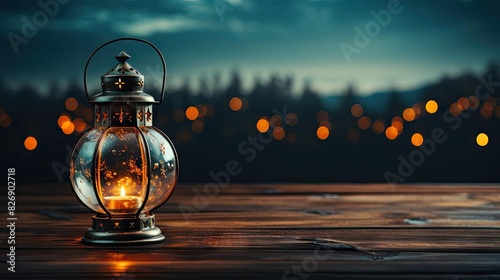 Ramadan lamp on wooden board with sunset background for banner or poster