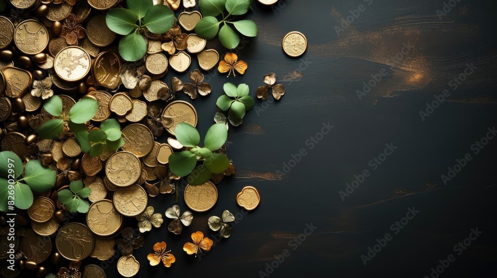 St Patrick's background with gift box , gold coins and green leaves for banner or poster design St Patrick's background with gift box , gold coins and green leaves for banner or poster design