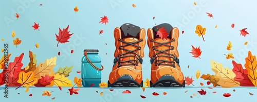 A pair of hiking boots, a backpack overflowing with colorful fall leaves, and a canteen filled with water photo