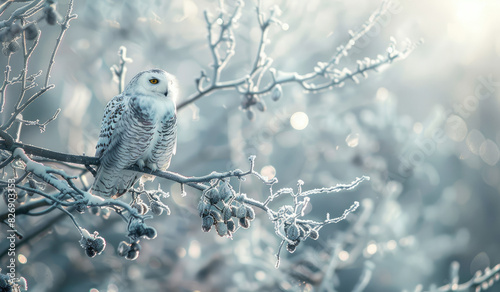 A snowy owl perched on an icy branch, with the backdrop of a blue sky and white snowflakes. 