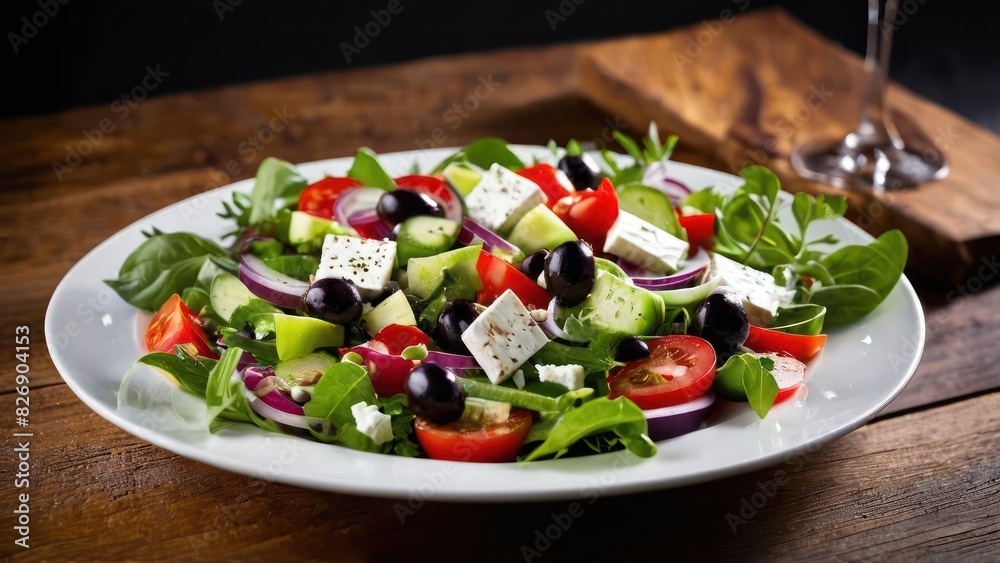 Vibrant Greek Salad on a White Plate, Ready to be Enjoyed Vibrant Greek Salad on a White Plate, Ready to be Enjoyed