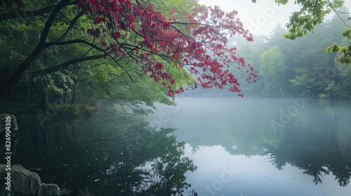 forest with a lake wallpaper. lake forest under the sky with fog. landscape forest with lake and fog. landscape with a lake and mountains in the background. landscape of mountain lake and forest.