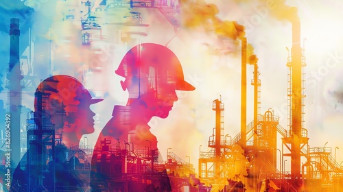 Watercolor industrial plant with workers close up, focus on, copy space rich hues, Double exposure silhouette with safety helmets