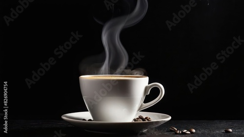 A steamy cup of coffee on a saucer with a spoonful of sugar.