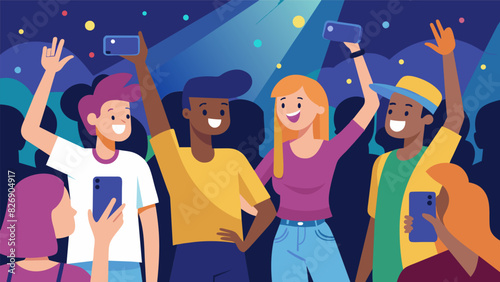 A group of youth enjoying a concert taking turns taking photos and videos with their smartphones.. Vector illustration