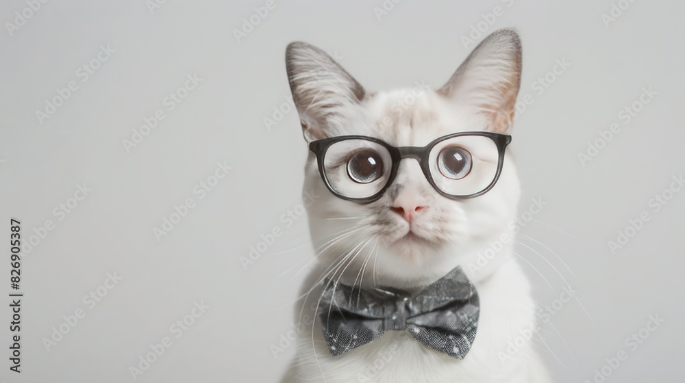 Funny white cat in a gray bow tie and glasses, on white background