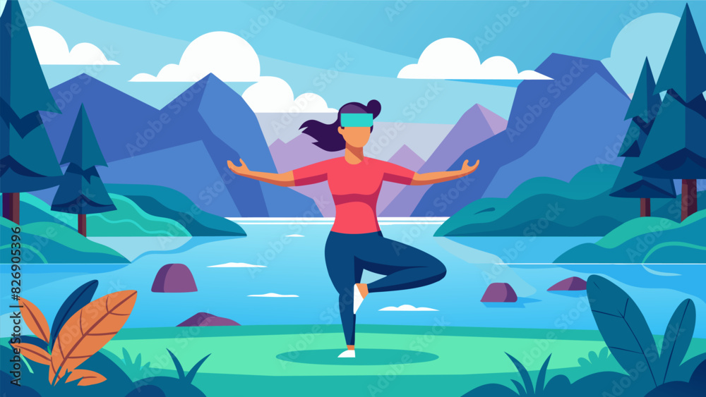 A rejuvenating VR fitness program that combines the benefits of movement and mindfulness in a peaceful lakeside setting.. Vector illustration A rejuvenating VR fitness program that combines the benefits of movement and mindfulness in a peaceful lakeside setting.. Vector illustration