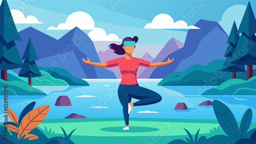A rejuvenating VR fitness program that combines the benefits of movement and mindfulness in a peaceful lakeside setting.. Vector illustration