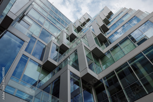 Photography Contemporary building showcasing a unique architectural design with an extensive glass facade