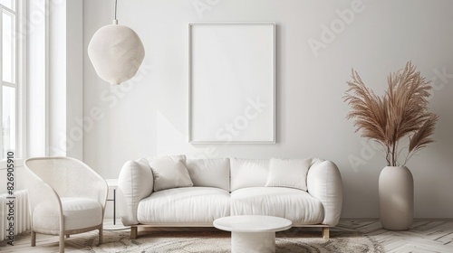 Photo of a modern interior design background, a living room with a sofa and armchair in white colors, a mock up poster frame on the wall