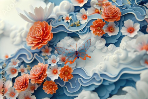 Exquisite craftsmanship: colorful butterfly and flower organic paper sculpture design, an illustration of dreamy romance, perfect for banner, capturing the beauty of nature in intricate detail.