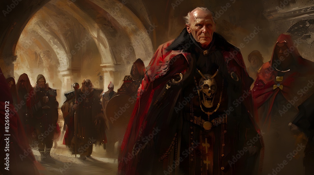 Naklejka premium Jesus on the cross in a church with stained glass windows, surrounded by religious statues and symbols of faith