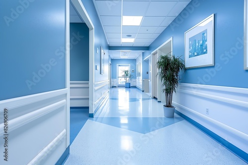 Bright and Clean Hospital Corridor with Blue Walls and Potted Plants