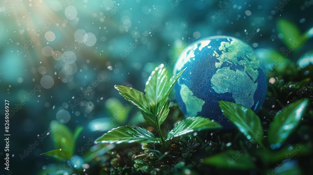 A blue globe sits on a green leaf , surrounded by water droplets A blue globe sits on a green leaf , surrounded by water droplets