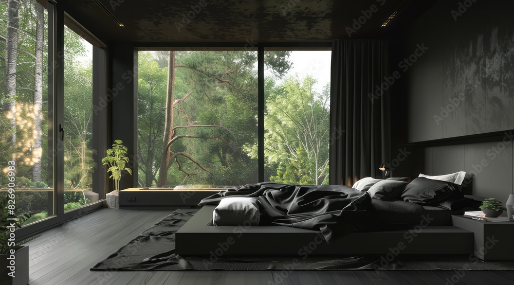 Minimalist black bedroom with large windows, allowing natural light to ...