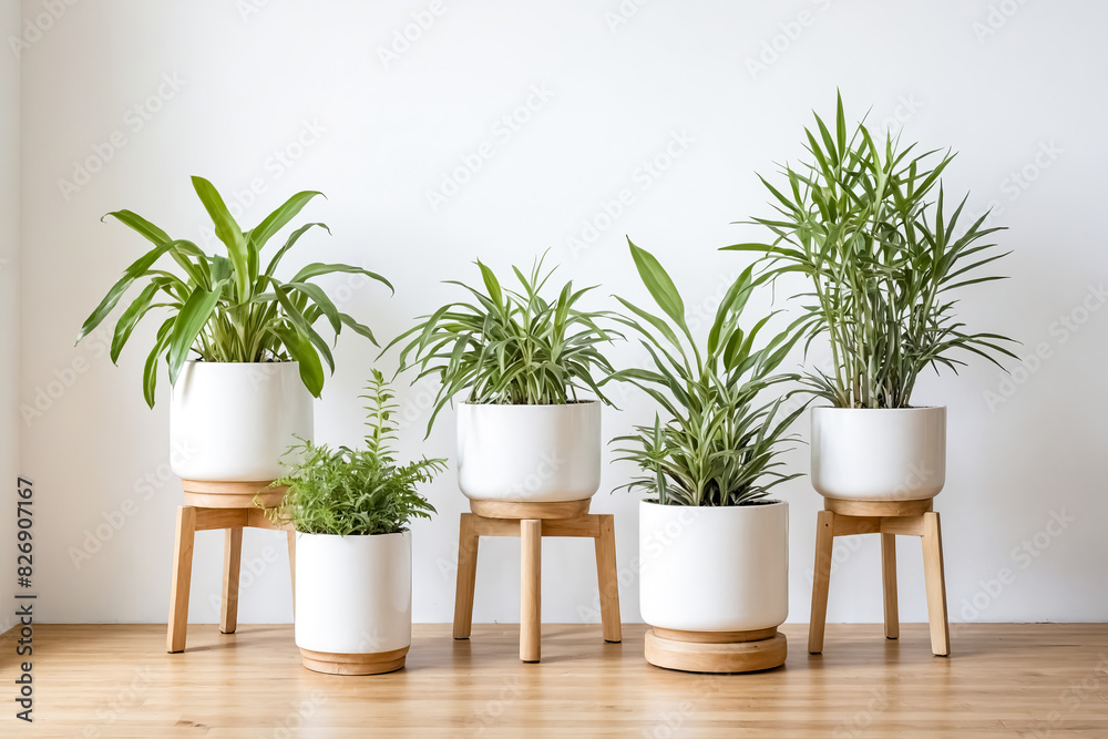 Five White Potted Plants on Wooden Stands in Front of a White Wall Five White Potted Plants on Wooden Stands in Front of a White Wall