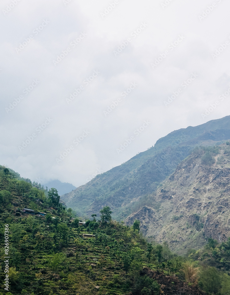 Hills and mountains with communities living high up on slopes, Bagmati, Nepal Hills and mountains with communities living high up on slopes, Bagmati, Nepal