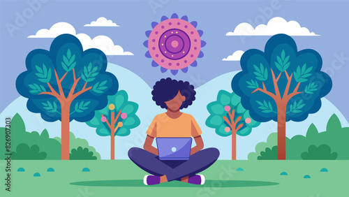 A person sitting in a quiet park bench surrounded by trees and nature using a tablet to create a digital mandala as a reflection of their inner peace.. Vector illustration
