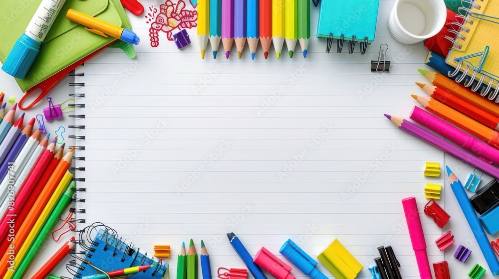 Fototapeta premium Creative Workspace with Notebook, Pencils and Crayons