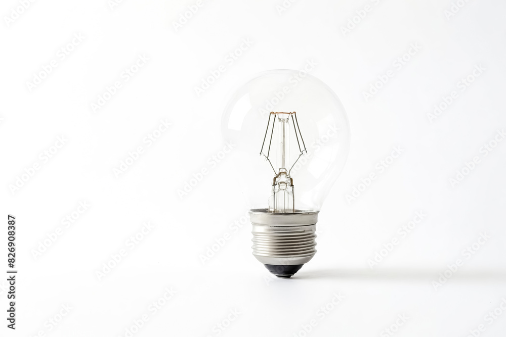 A clear lightbulb isolated on a white background. The lightbulb is in focus, and the background is blurred. The lightbulb is a symbol of ideas, inspiration, and creativity.