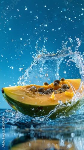 Papaya and water splash. captured with highspeed photography as they break through the waters surface.