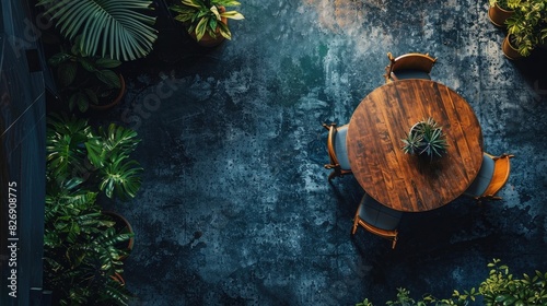 round wooden table with chairs around it, view from above, dark blue concrete floor and plants on the side, top down photography, cinematic,