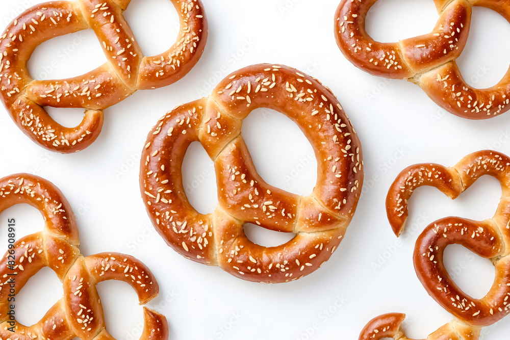 Close up of freshly baked pretzels on a white background. The pretzels are golden brown and have a crispy crust. They are perfect for a snack or a meal. Close up of freshly baked pretzels on a white background. The pretzels are golden brown and have a crispy crust. They are perfect for a snack or a meal.