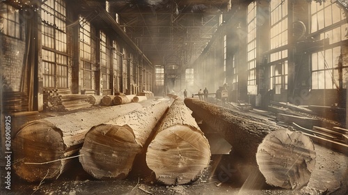 Large timber logs lined up in a sawmill photo