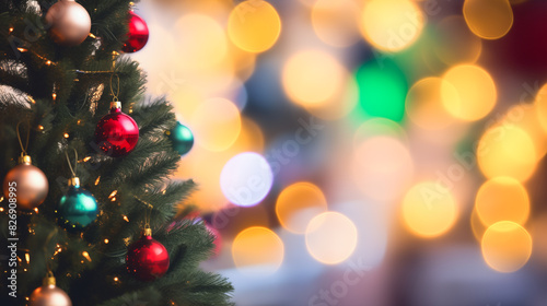 Decorated Christmas tree and blurred defocused background