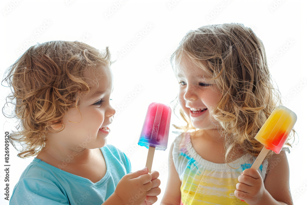 Photo of two happy children holding popsicles, white background, colorful summer , fun and playful style, soft pastel colors...