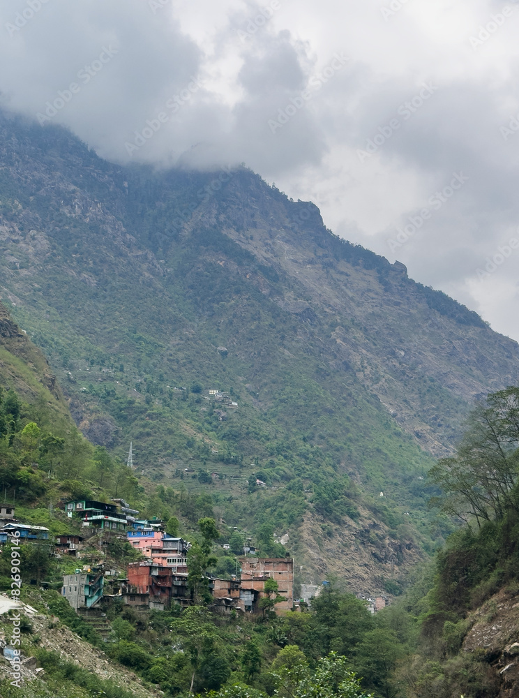 Hills and mountains with communities living high up on slopes, Bagmati, Nepal Hills and mountains with communities living high up on slopes, Bagmati, Nepal