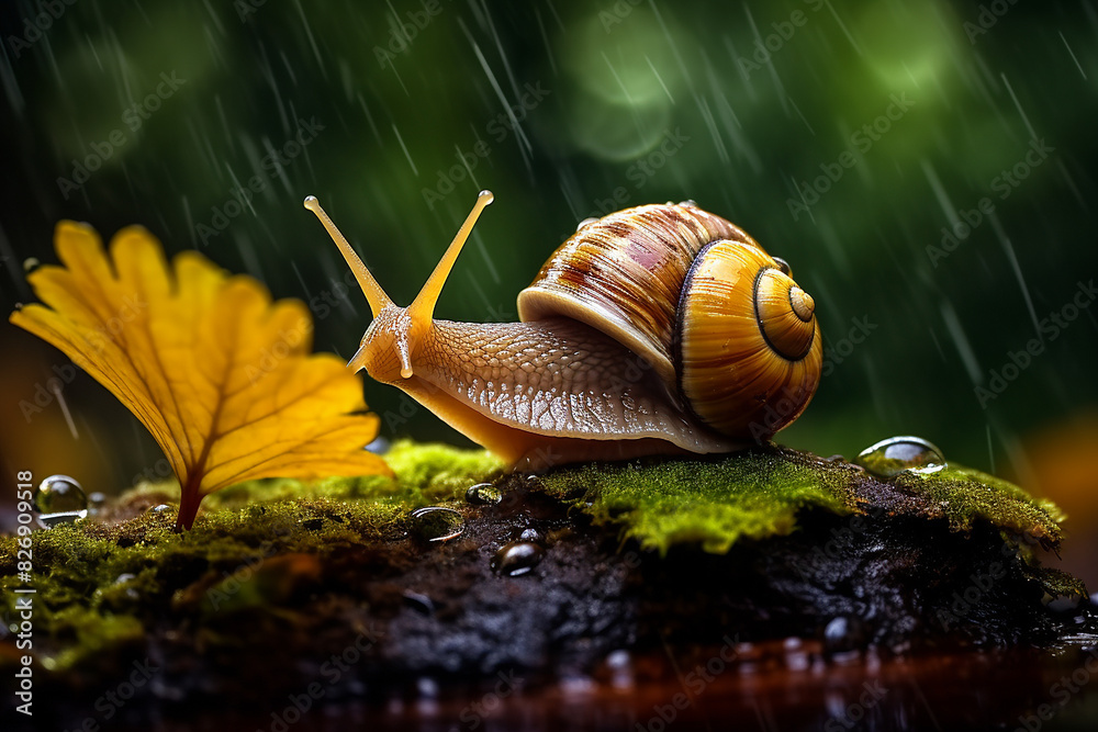 Snail in the natural environment under the rain. Close-up IA generated image. Snail in the natural environment under the rain. Close-up IA generated image.