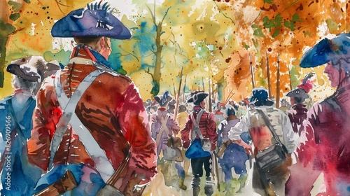 Revolutionary War soldiers watercolor - Vivid watercolor painting depicting Revolutionary War soldiers in historic battle attire photo