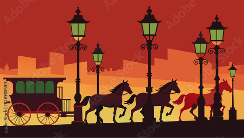 Horses clipclop past the old gas lamps that line the main thoroughfare taking us back to a time when carriages were the primary mode of. Vector illustration