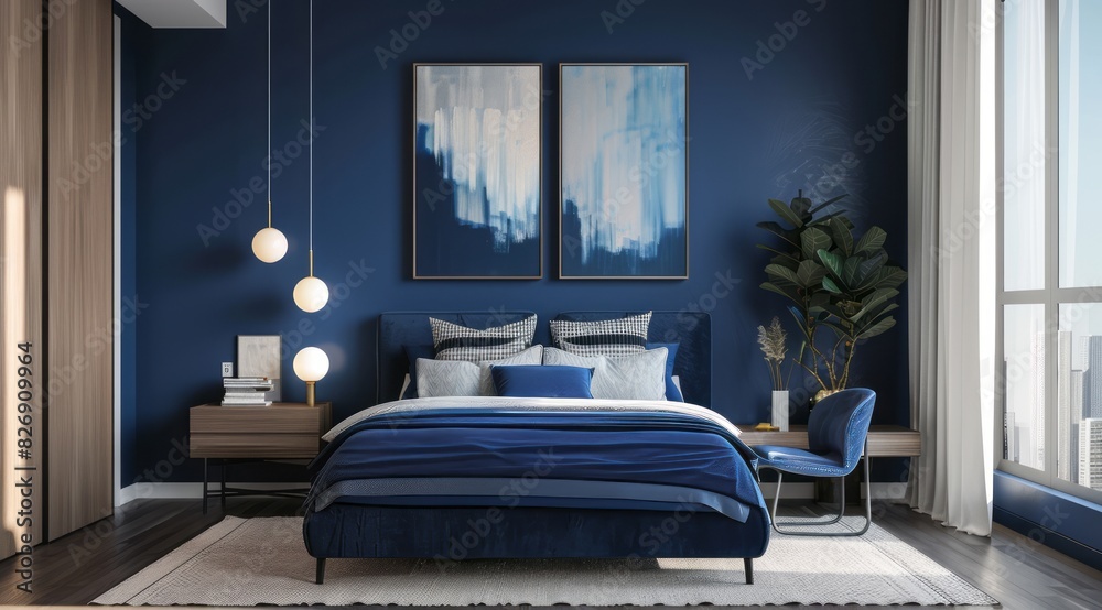 Minimalist blue bedroom with navy blue walls, minimalist art pieces ...