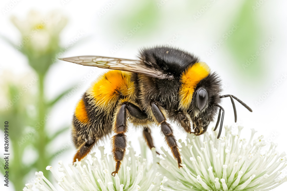 Close-up of a bumblebee collecting nectar from a white flower Close-up of a bumblebee collecting nectar from a white flower